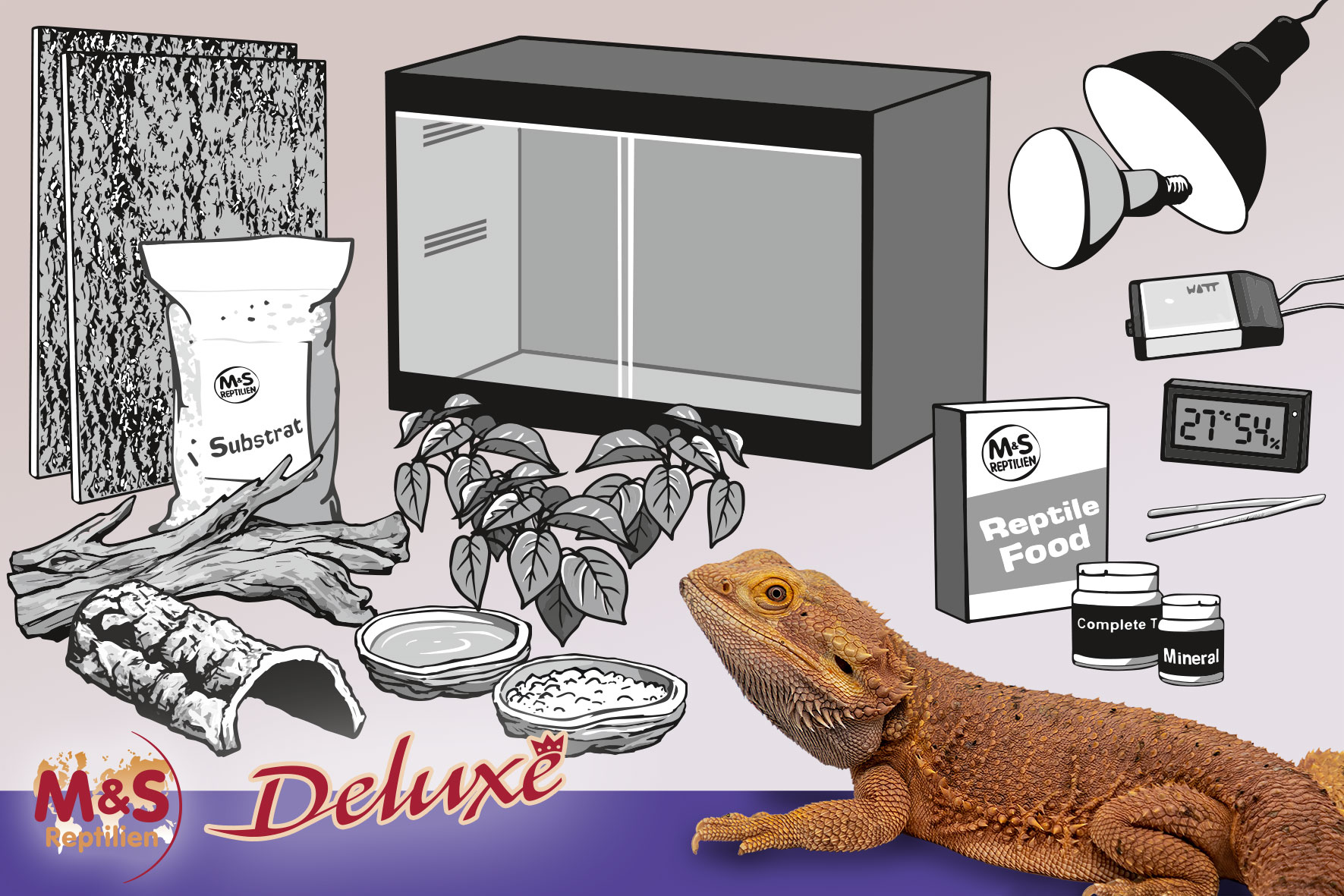 Komplettset DELUXE: Für Bartagamen (120 cm Länge) mit ReptiZoo PVC-Terrarium (CN1206060H), 120x60x60cm