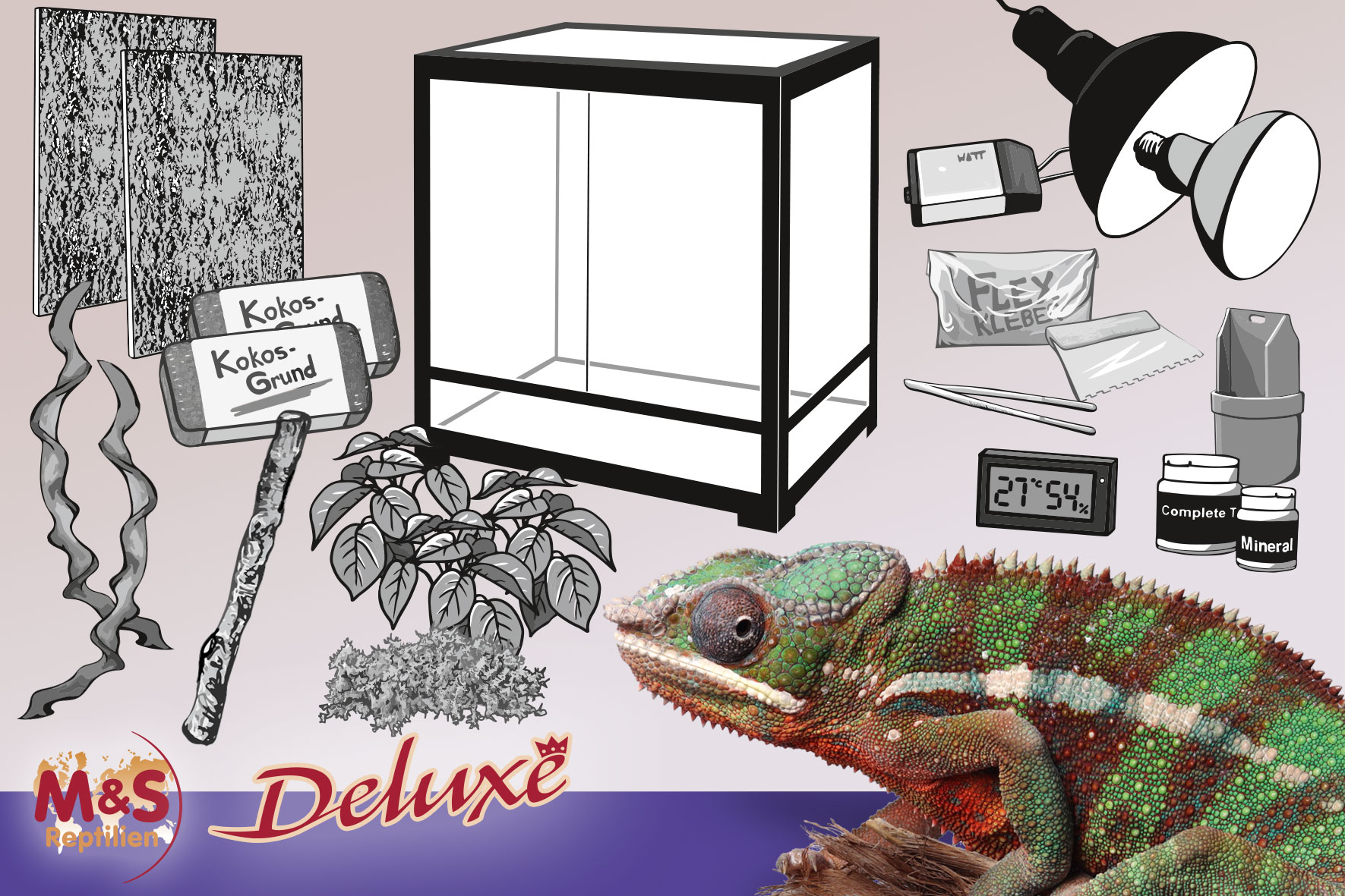 Komplettset DELUXE: Für Chamäleons mit ReptiZoo Hoch-Glasterrarium (RK242448), 61x61x122cm