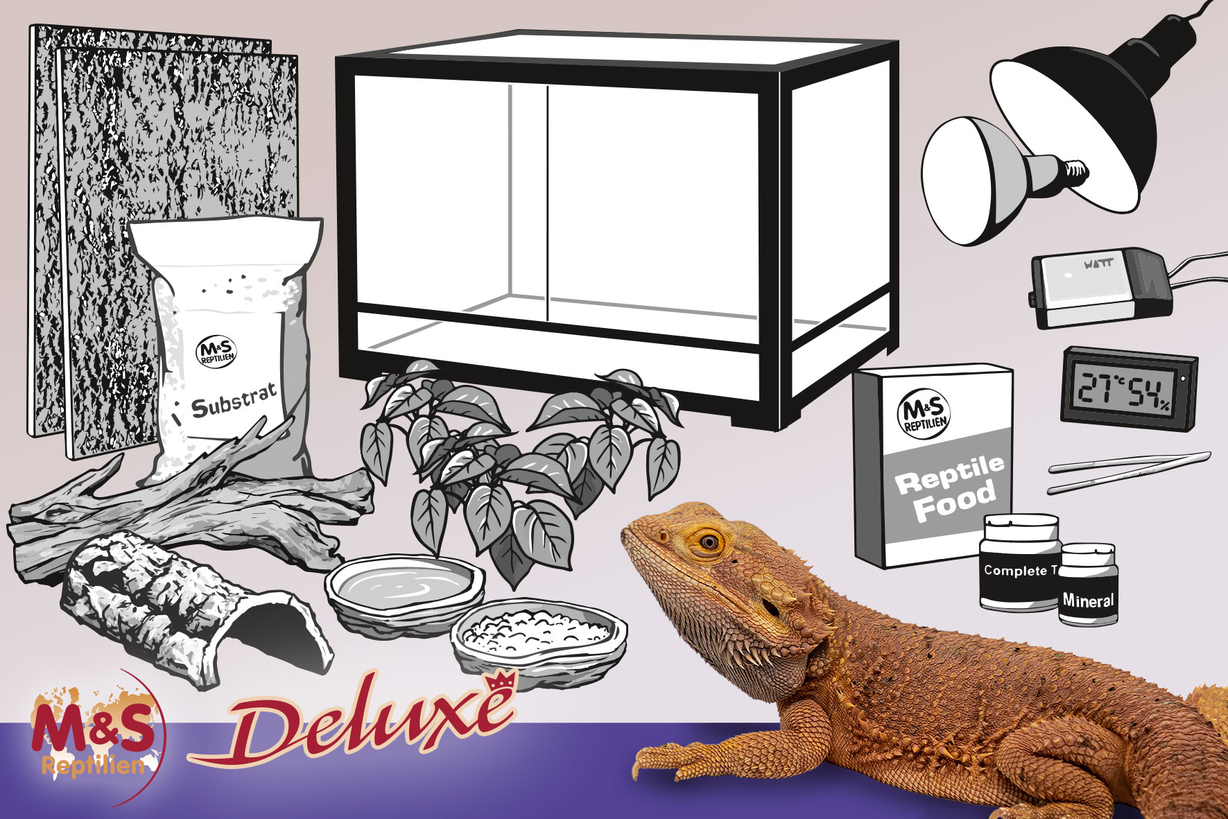 Komplettset DELUXE: Für Bartagamen (120 cm Länge) mit ReptiZoo Glasterrarium (NRK0127), 120x60x60cm
