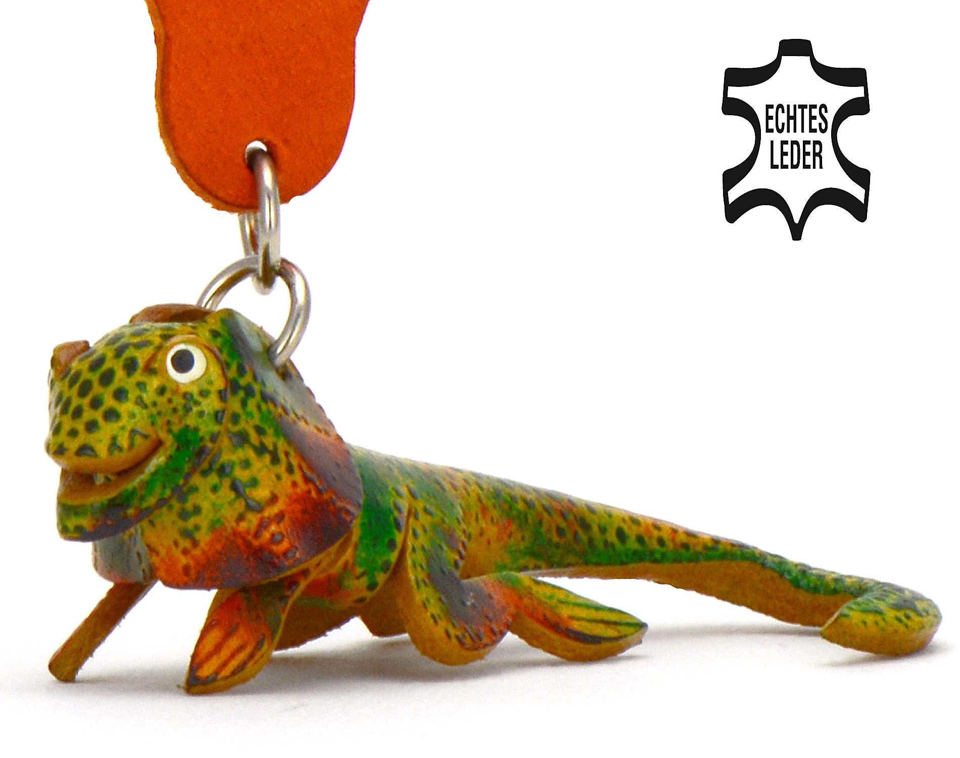 Schlüsselanhänger Kragenechse / Leguan ''gelb/grün'' (echtes Leder)